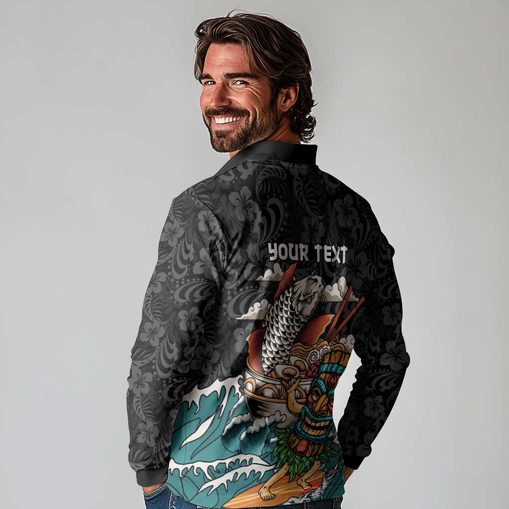 Personalized Japanese Koi Fish Ramen Long Sleeve Polo Shirt Tiki Surfing Wagara Hibiscus Pattern LT9 - Polynesian Pride