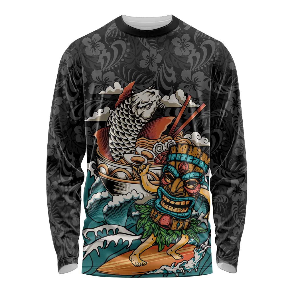 Personalized Japanese Koi Fish Ramen Long Sleeve Shirt Tiki Surfing Wagara Hibiscus Pattern LT9 Unisex Black - Polynesian Pride