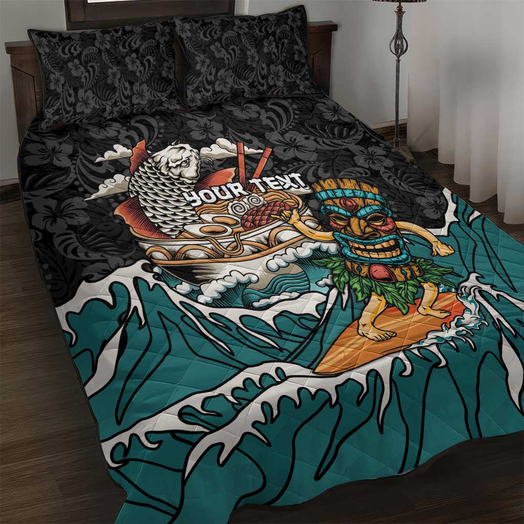Personalized Japanese Koi Fish Ramen Quilt Bed Set Tiki Surfing Wagara Hibiscus Pattern LT9 Black - Polynesian Pride