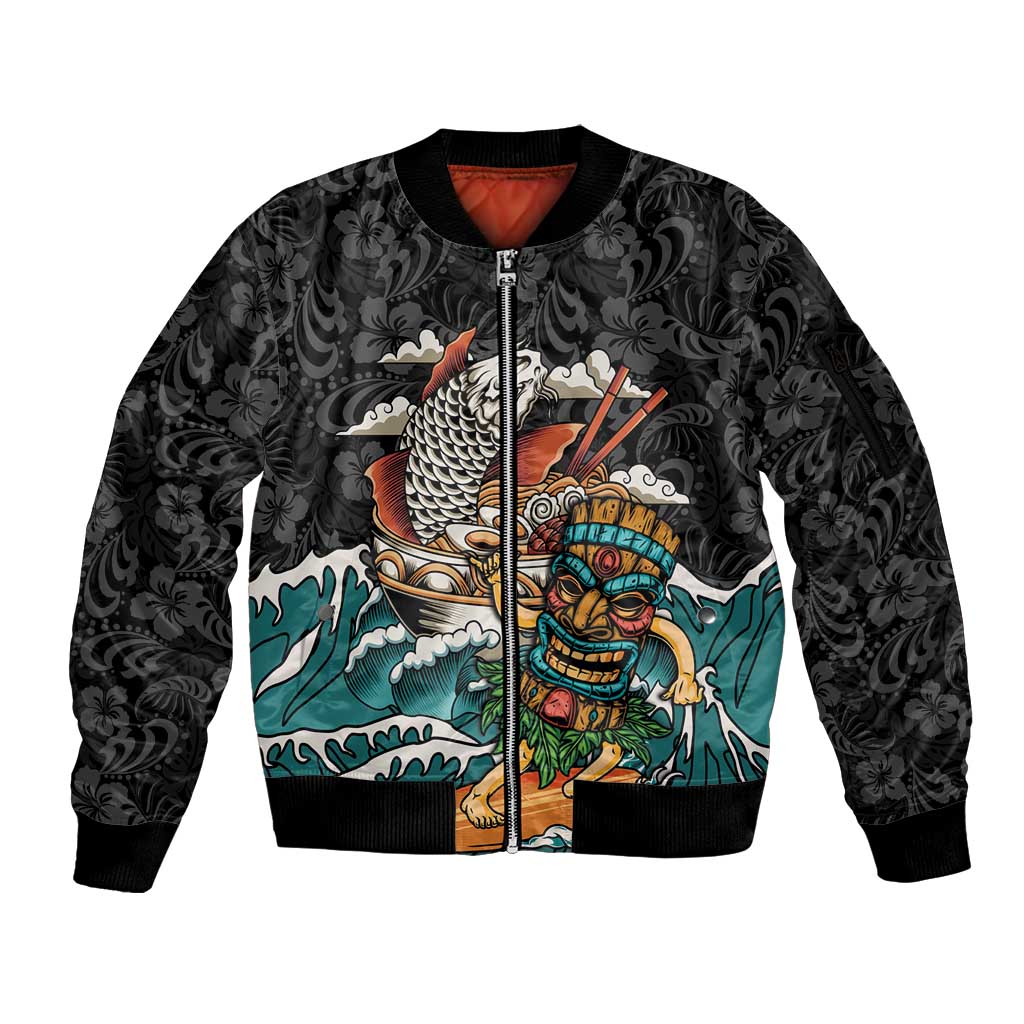 Personalized Japanese Koi Fish Ramen Sleeve Zip Bomber Jacket Tiki Surfing Wagara Hibiscus Pattern LT9 Unisex Black - Polynesian Pride