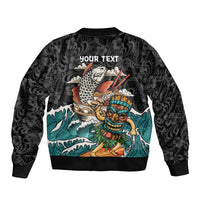 Personalized Japanese Koi Fish Ramen Sleeve Zip Bomber Jacket Tiki Surfing Wagara Hibiscus Pattern LT9 - Polynesian Pride