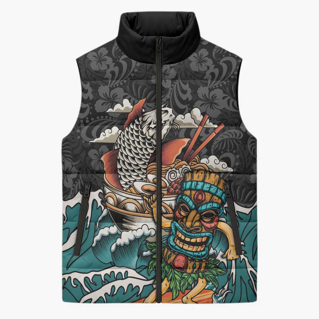 Personalized Japanese Koi Fish Ramen Sleeveless Puffer Jacket Tiki Surfing Wagara Hibiscus Pattern LT9 Unisex Black - Polynesian Pride