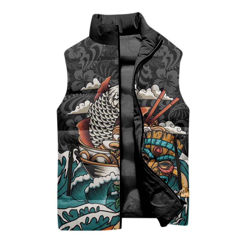 Personalized Japanese Koi Fish Ramen Sleeveless Puffer Jacket Tiki Surfing Wagara Hibiscus Pattern LT9 - Polynesian Pride