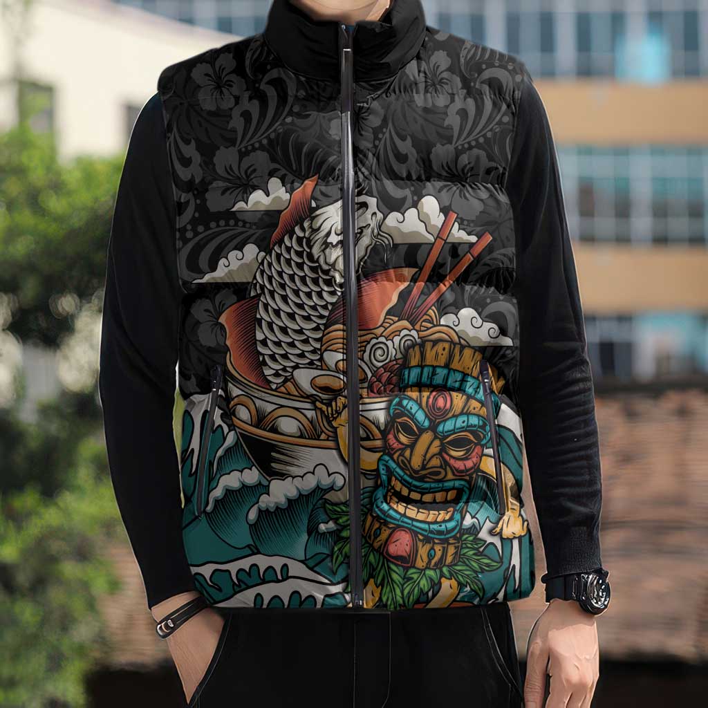 Personalized Japanese Koi Fish Ramen Sleeveless Puffer Jacket Tiki Surfing Wagara Hibiscus Pattern LT9 - Polynesian Pride