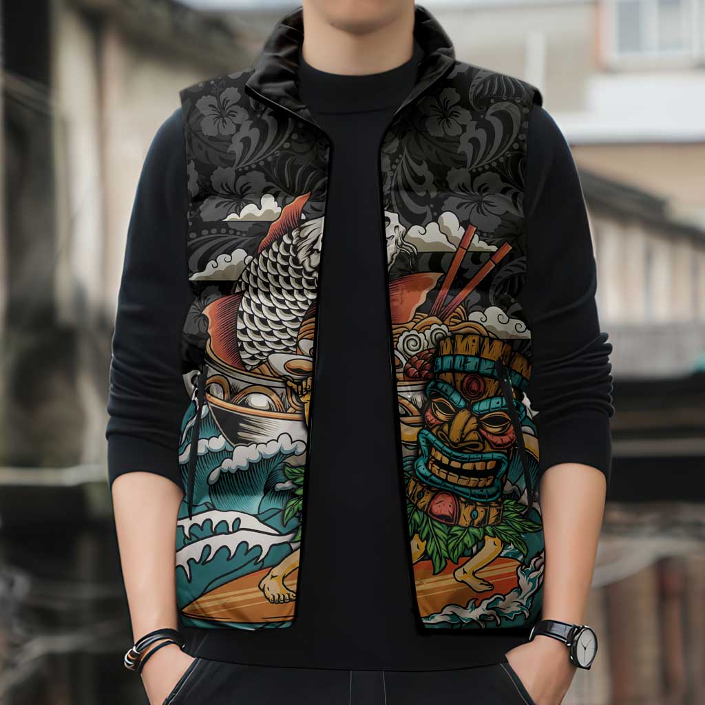Personalized Japanese Koi Fish Ramen Sleeveless Puffer Jacket Tiki Surfing Wagara Hibiscus Pattern LT9 - Polynesian Pride