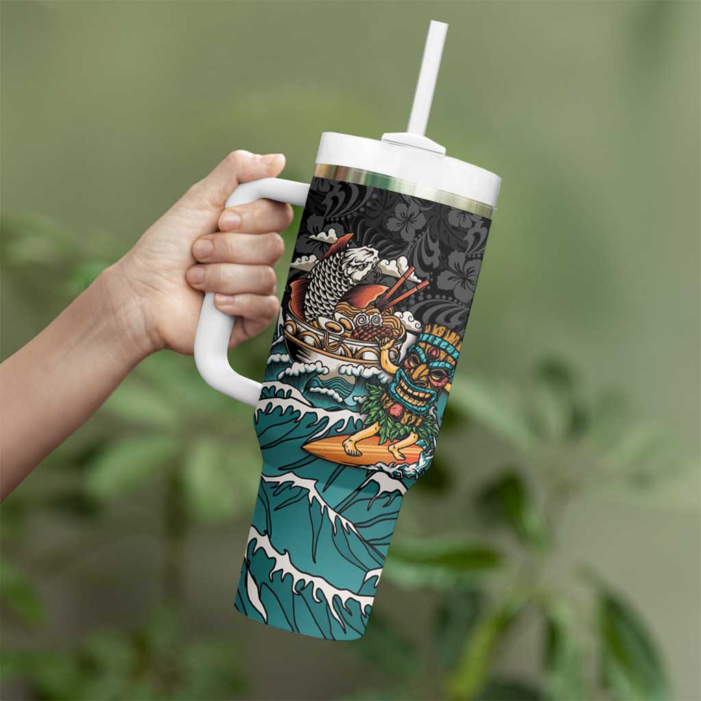 Personalized Japanese Koi Fish Ramen Tumbler With Handle Tiki Surfing Wagara Hibiscus Pattern LT9 - Polynesian Pride