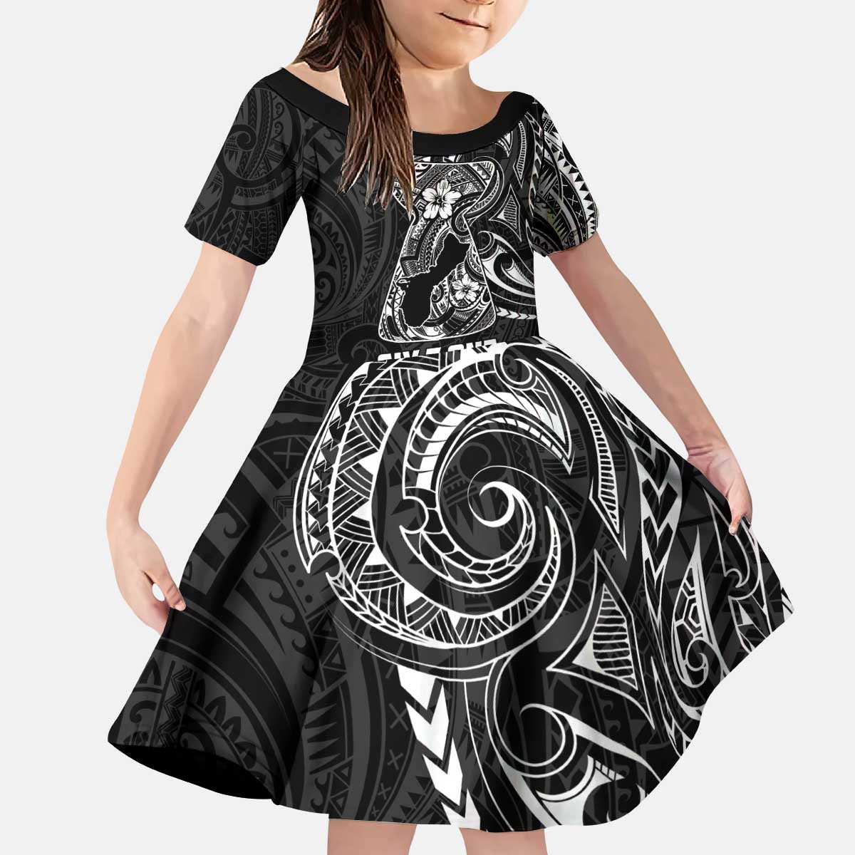Black Guam Latte Stone Tribal Tattoo Kid Short Sleeve Dress Hafa Adai Six 7 One LT9 KID Black - Polynesian Pride
