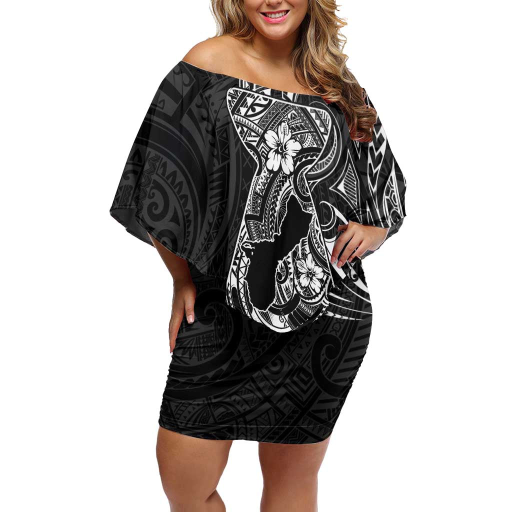 Black Guam Latte Stone Tribal Tattoo Off Shoulder Short Dress Hafa Adai Six 7 One LT9 Women Black - Polynesian Pride