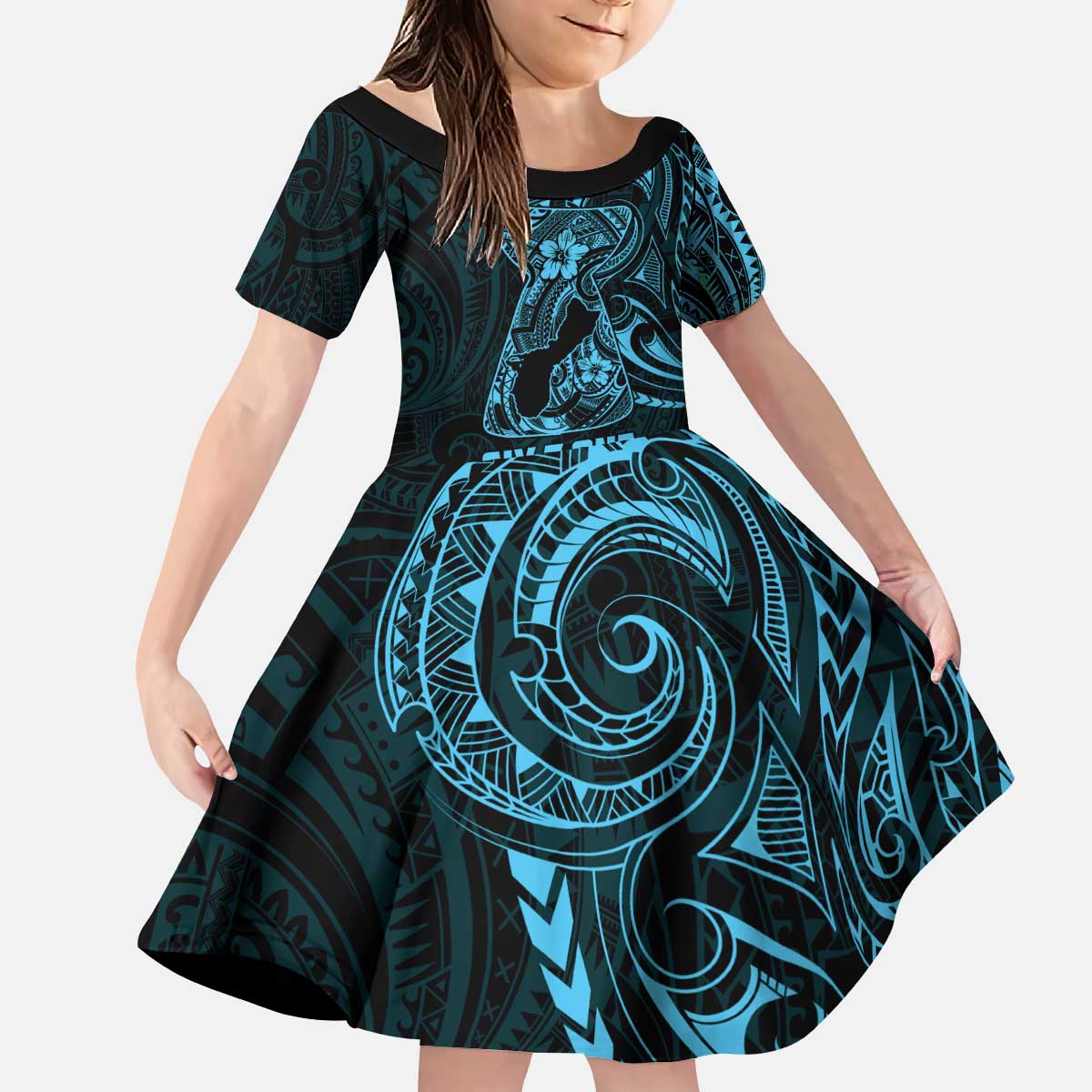 Blue Guam Latte Stone Tribal Tattoo Kid Short Sleeve Dress Hafa Adai Six 7 One LT9 KID Blue - Polynesian Pride
