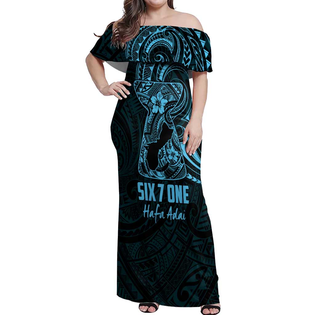 Blue Guam Latte Stone Tribal Tattoo Off Shoulder Maxi Dress Hafa Adai Six 7 One LT9 Women Blue - Polynesian Pride