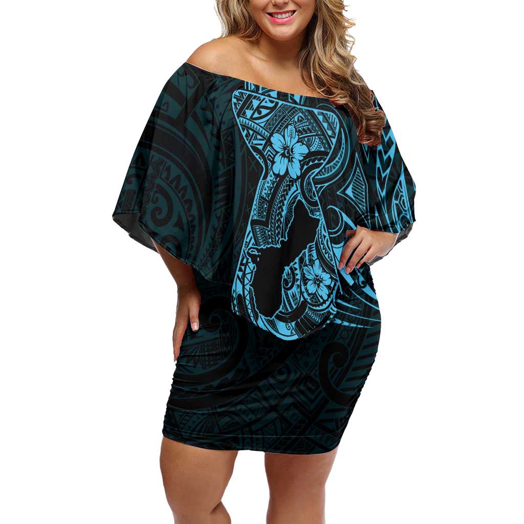 Blue Guam Latte Stone Tribal Tattoo Off Shoulder Short Dress Hafa Adai Six 7 One LT9 Women Blue - Polynesian Pride