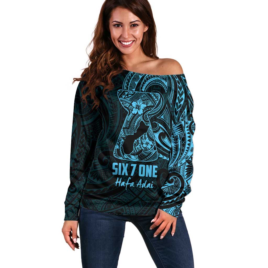 Blue Guam Latte Stone Tribal Tattoo Off Shoulder Sweater Hafa Adai Six 7 One LT9 Women Blue - Polynesian Pride