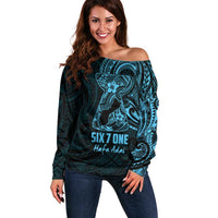 Blue Guam Latte Stone Tribal Tattoo Off Shoulder Sweater Hafa Adai Six 7 One LT9 Women Blue - Polynesian Pride