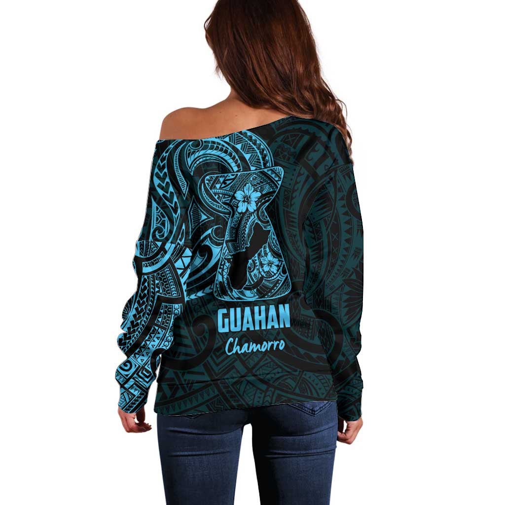 Blue Guam Latte Stone Tribal Tattoo Off Shoulder Sweater Hafa Adai Six 7 One LT9 - Polynesian Pride
