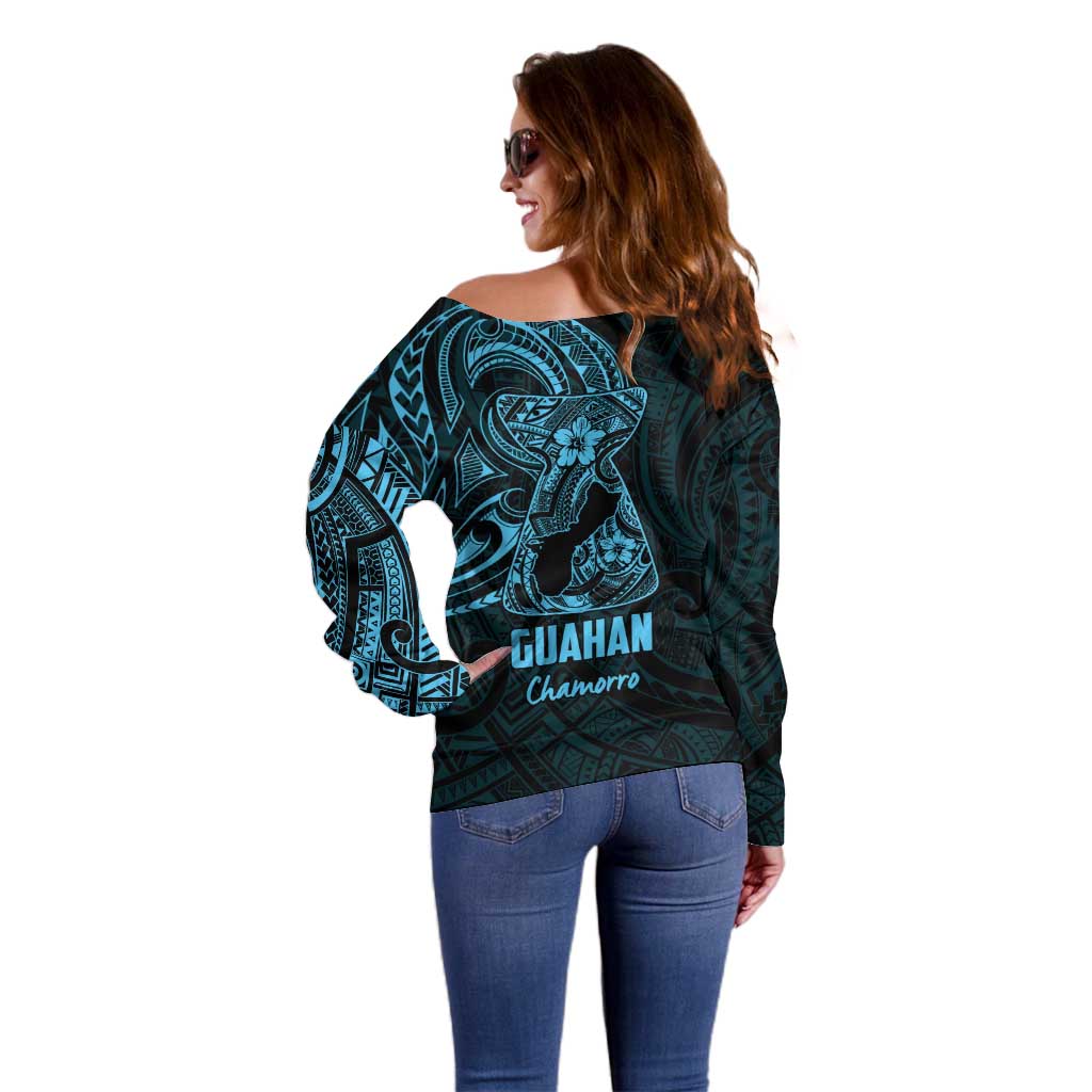 Blue Guam Latte Stone Tribal Tattoo Off Shoulder Sweater Hafa Adai Six 7 One LT9 - Polynesian Pride