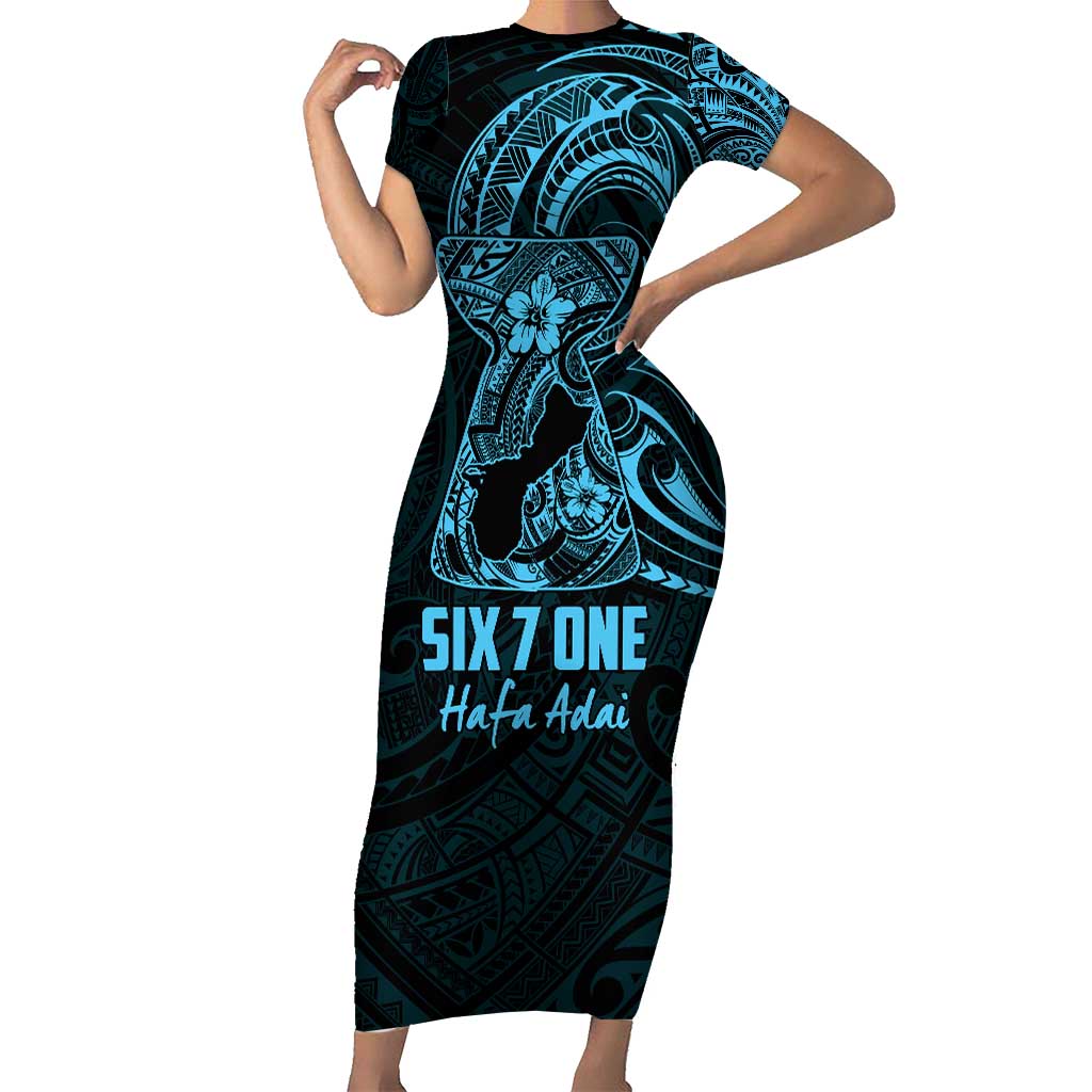 Blue Guam Latte Stone Tribal Tattoo Short Sleeve Bodycon Dress Hafa Adai Six 7 One LT9 Long Dress Blue - Polynesian Pride