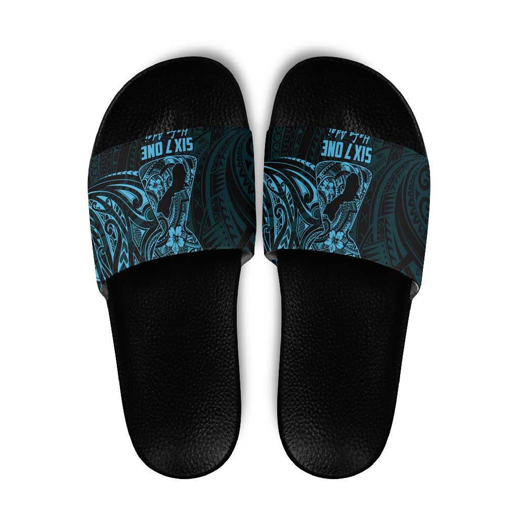 Blue Guam Latte Stone Tribal Tattoo Slide Sandals Hafa Adai Six 7 One LT9 Blue - Polynesian Pride