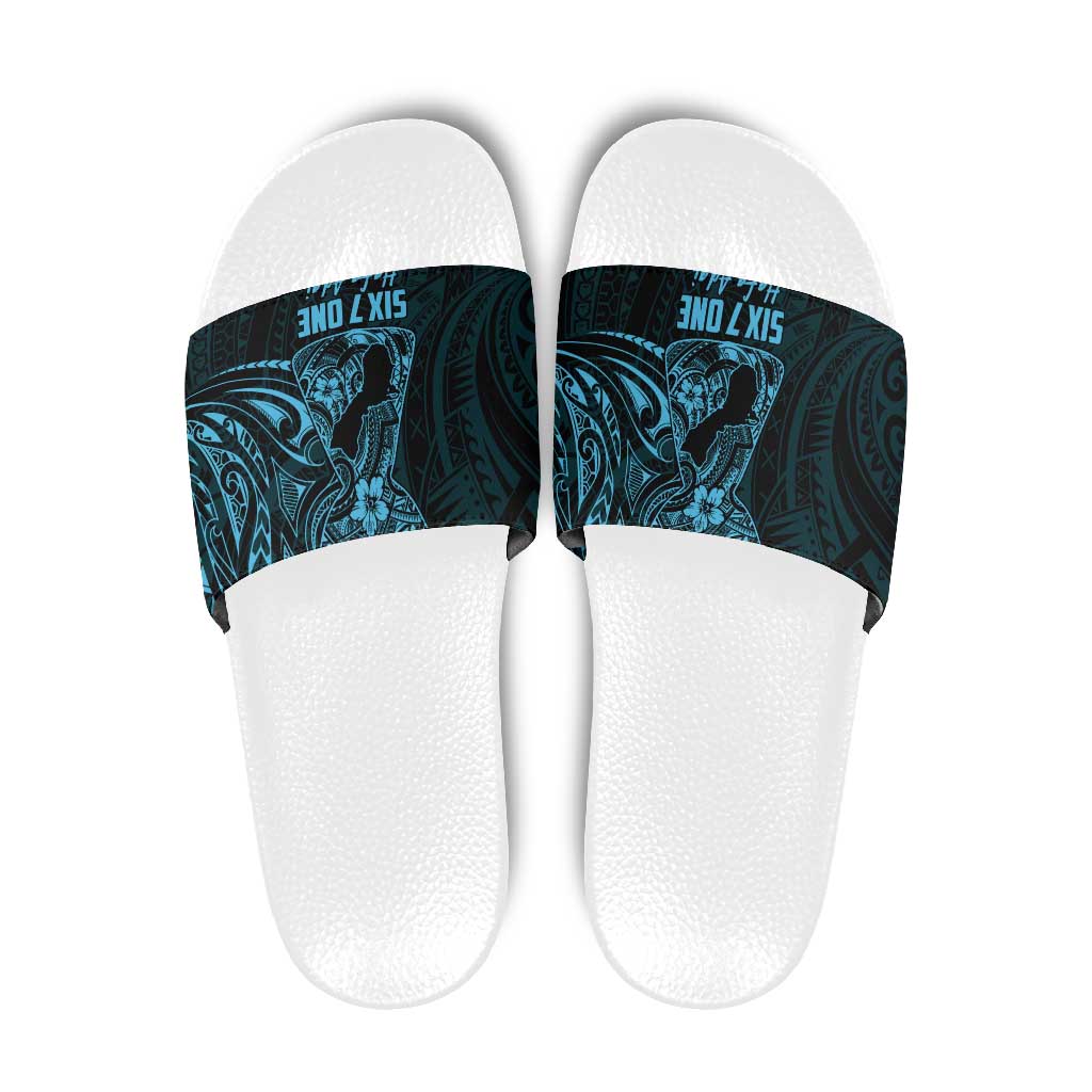 Blue Guam Latte Stone Tribal Tattoo Slide Sandals Hafa Adai Six 7 One LT9 Blue - Polynesian Pride