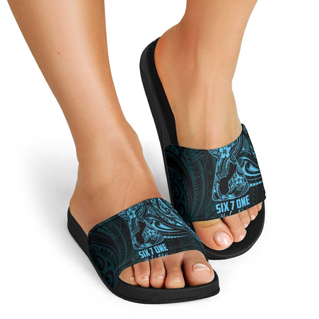 Blue Guam Latte Stone Tribal Tattoo Slide Sandals Hafa Adai Six 7 One LT9 - Polynesian Pride