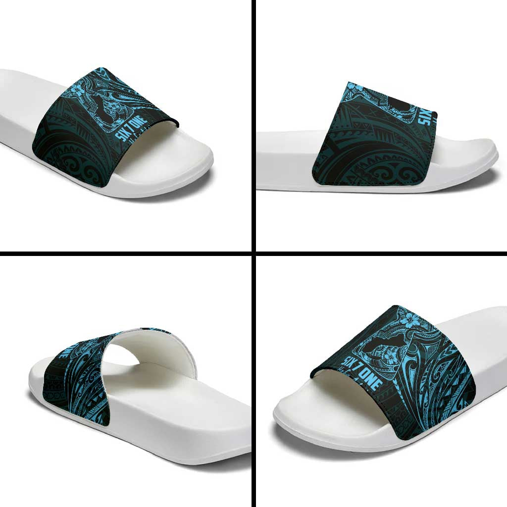 Blue Guam Latte Stone Tribal Tattoo Slide Sandals Hafa Adai Six 7 One LT9 - Polynesian Pride
