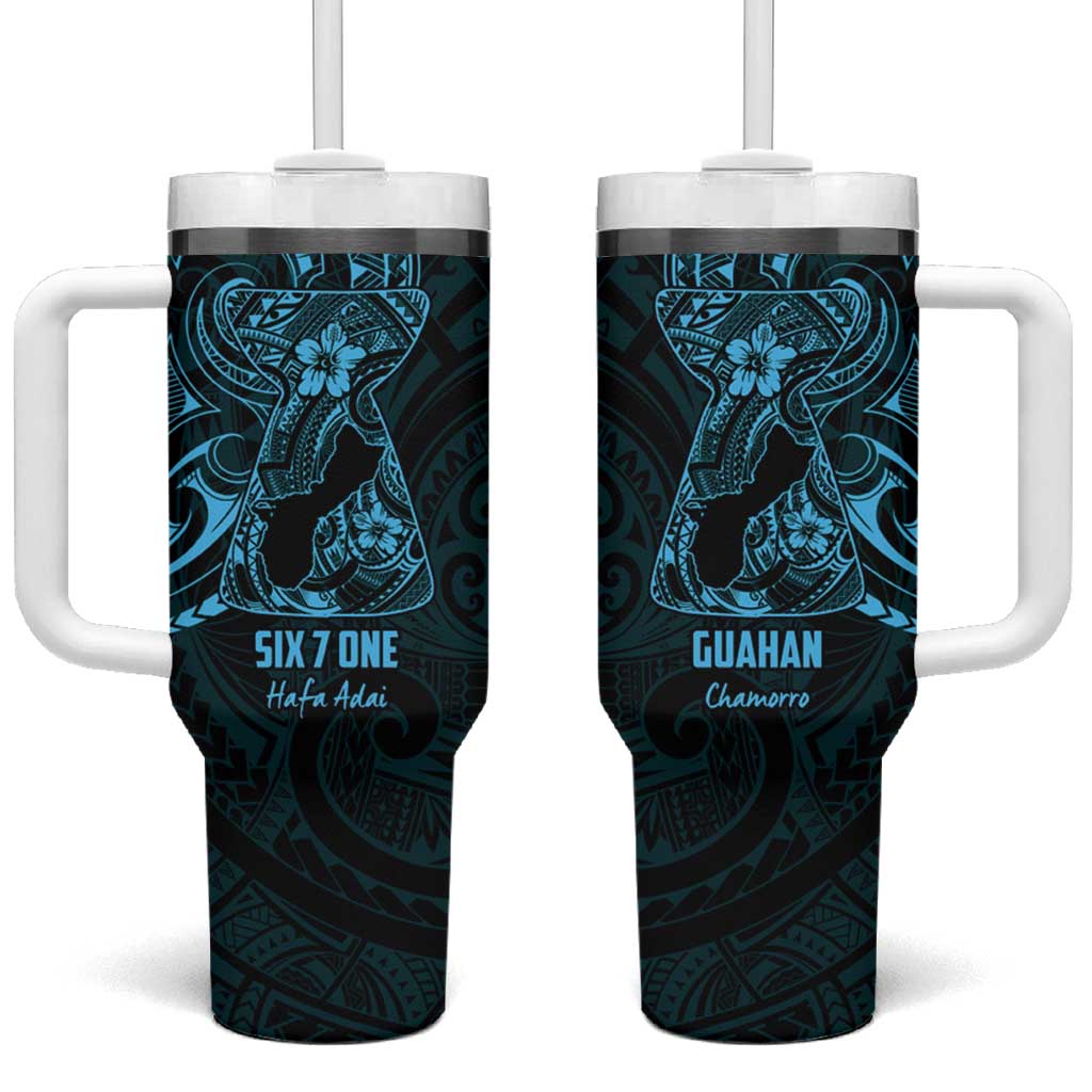 Blue Guam Latte Stone Tribal Tattoo Tumbler With Handle Hafa Adai Six 7 One LT9 One Size: 40 oz Blue - Polynesian Pride