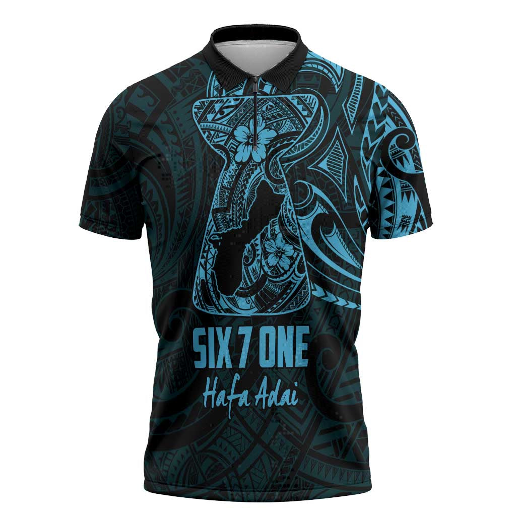 Blue Guam Latte Stone Tribal Tattoo Zipper Polo Shirt Hafa Adai Six 7 One LT9 Blue - Polynesian Pride
