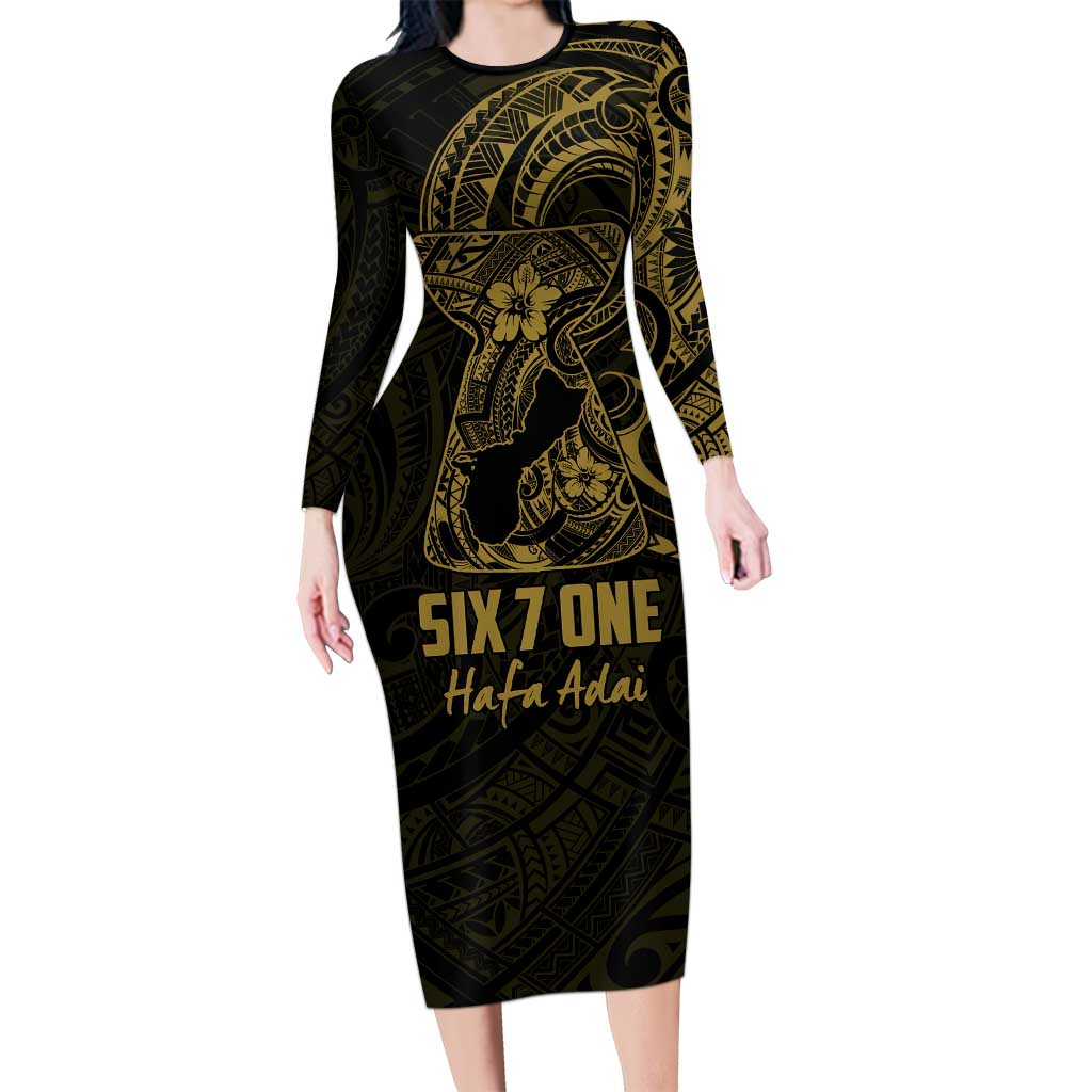 Gold Guam Latte Stone Tribal Tattoo Long Sleeve Bodycon Dress Hafa Adai Six 7 One