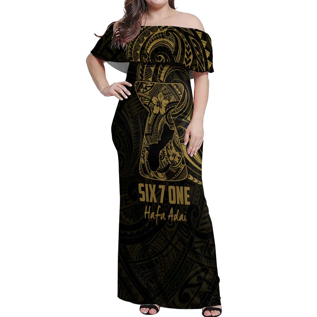 Gold Guam Latte Stone Tribal Tattoo Off Shoulder Maxi Dress Hafa Adai Six 7 One LT9 Women Gold - Polynesian Pride