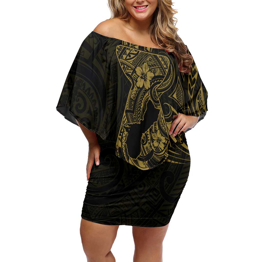 Gold Guam Latte Stone Tribal Tattoo Off Shoulder Short Dress Hafa Adai Six 7 One LT9 Women Gold - Polynesian Pride