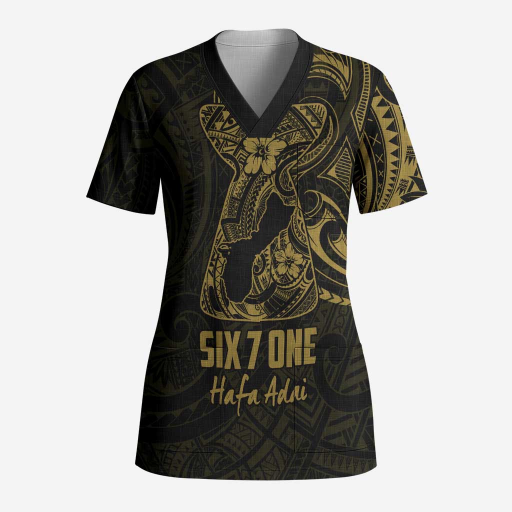 Gold Guam Latte Stone Tribal Tattoo Scrub Top Hafa Adai Six 7 One LT9 Adult Gold - Polynesian Pride