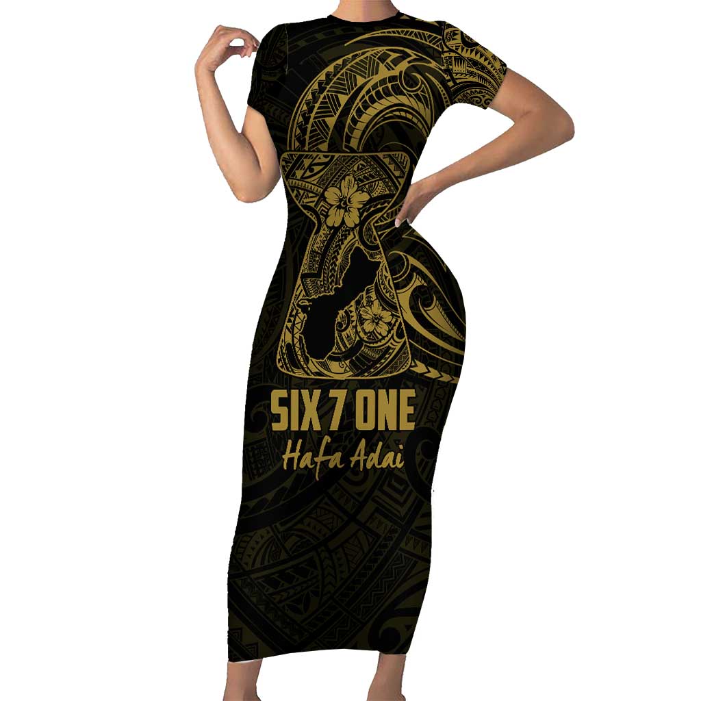 Gold Guam Latte Stone Tribal Tattoo Short Sleeve Bodycon Dress Hafa Adai Six 7 One