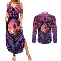 Guam Chamorro Artsy Couples Matching Summer Maxi Dress and Long Sleeve Button Shirt Guahan Sunset Beach LT9 Sunset - Polynesian Pride