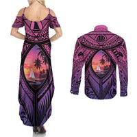 Guam Chamorro Artsy Couples Matching Summer Maxi Dress and Long Sleeve Button Shirt Guahan Sunset Beach LT9 - Polynesian Pride