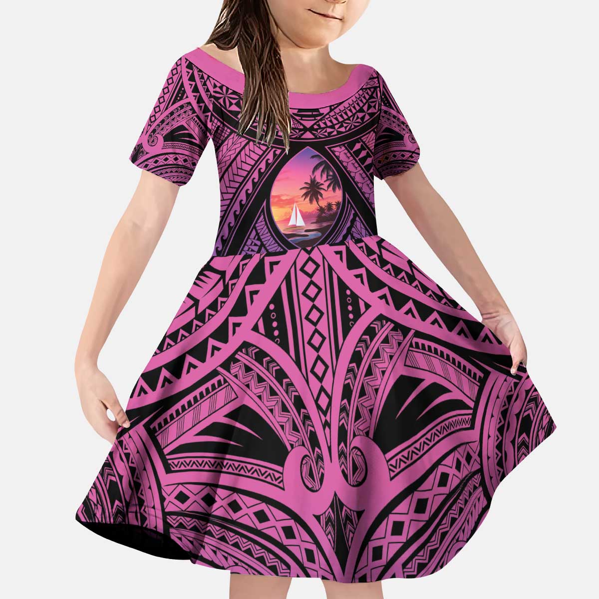 Guam Chamorro Artsy Kid Short Sleeve Dress Guahan Sunset Beach LT9 KID Sunset - Polynesian Pride