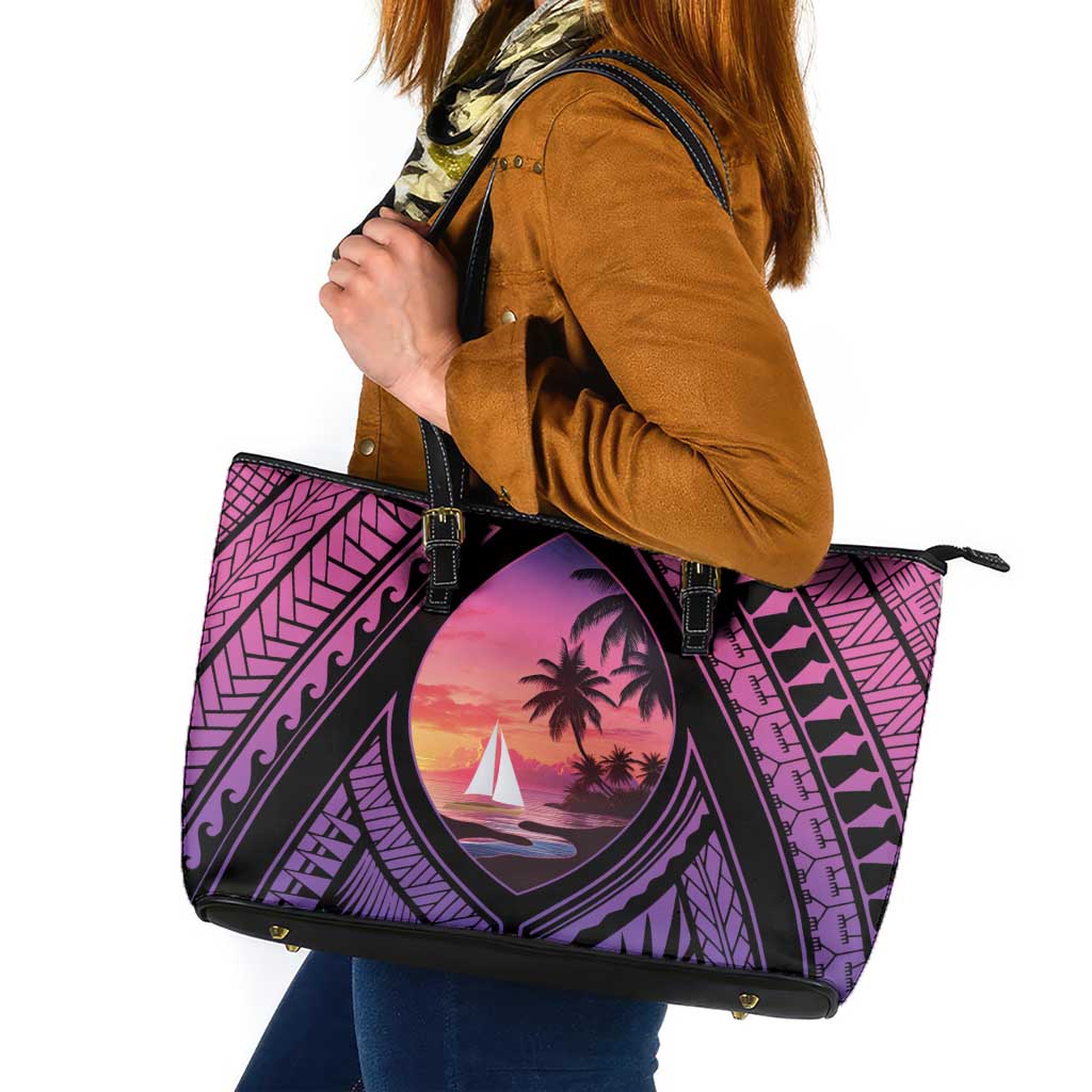 Guam Chamorro Artsy Leather Tote Bag Guahan Sunset Beach LT9 Sunset - Polynesian Pride