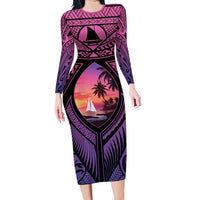 Guam Chamorro Artsy Long Sleeve Bodycon Dress Guahan Sunset Beach LT9 Long Dress Sunset - Polynesian Pride