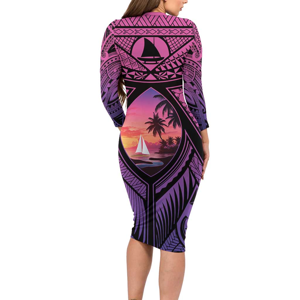 Guam Chamorro Artsy Long Sleeve Bodycon Dress Guahan Sunset Beach LT9 - Polynesian Pride