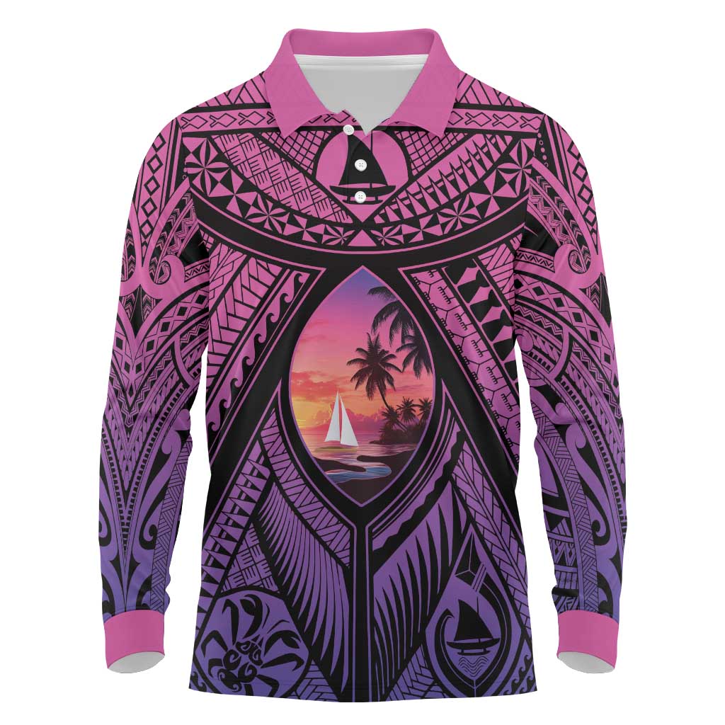 Guam Chamorro Artsy Long Sleeve Polo Shirt Guahan Sunset Beach LT9 Sunset - Polynesian Pride