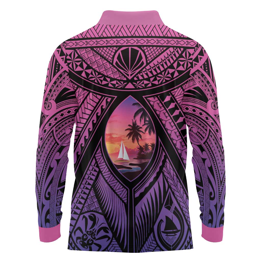 Guam Chamorro Artsy Long Sleeve Polo Shirt Guahan Sunset Beach LT9 - Polynesian Pride