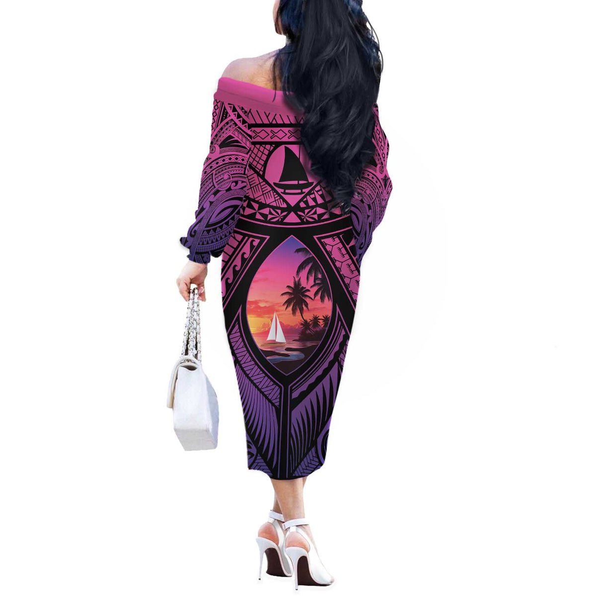 Guam Chamorro Artsy Off The Shoulder Long Sleeve Dress Guahan Sunset Beach LT9 - Polynesian Pride