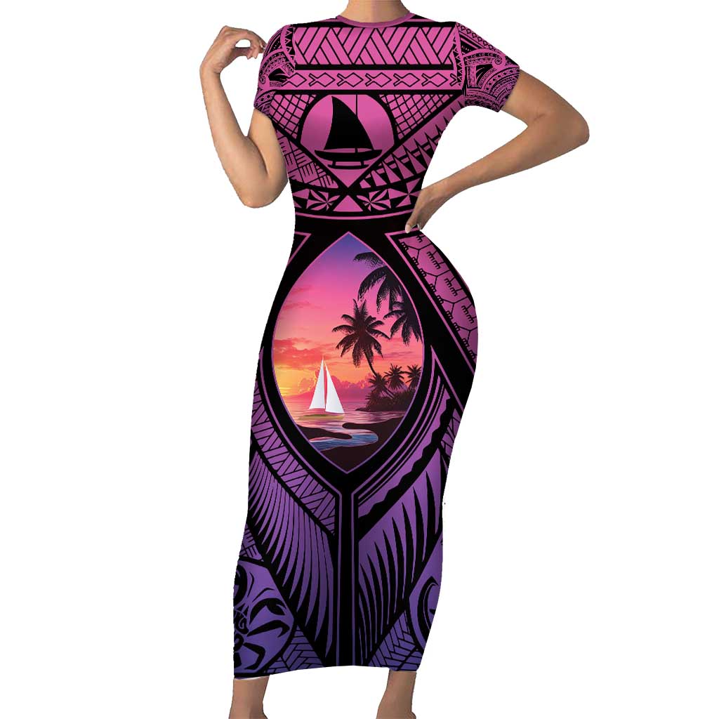 Guam Chamorro Artsy Short Sleeve Bodycon Dress Guahan Sunset Beach LT9 Long Dress Sunset - Polynesian Pride