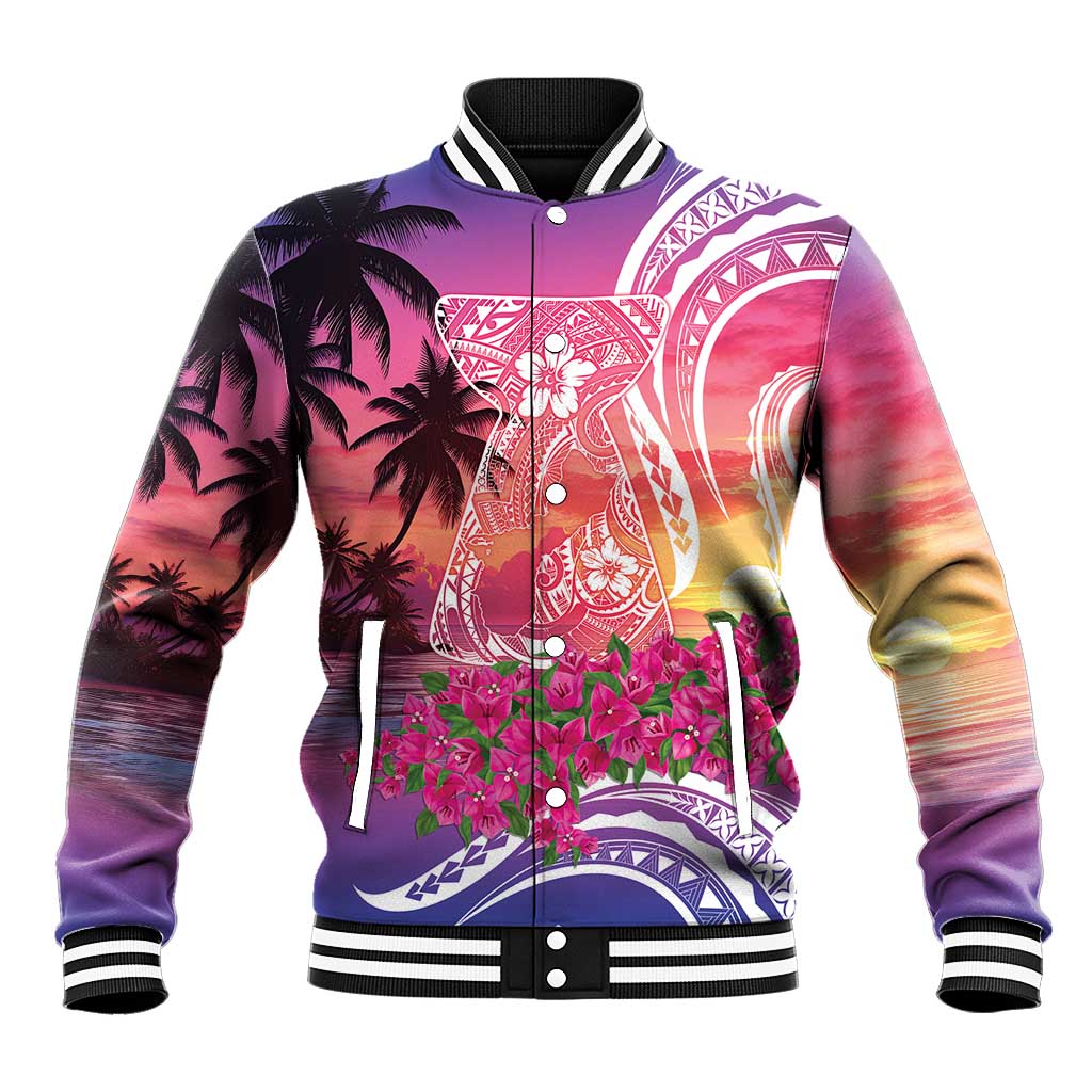 Guam Latte Stone with Map Baseball Jacket Bougainvillea Beach Sunset LT9 Unisex Sunset - Polynesian Pride