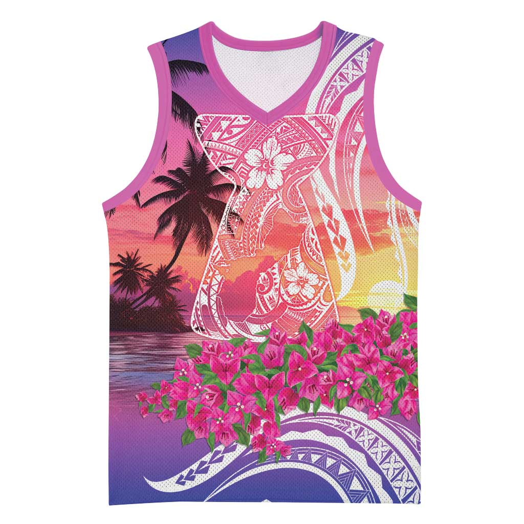 Guam Latte Stone with Map Basketball Jersey Bougainvillea Beach Sunset LT9 Unisex Sunset - Polynesian Pride