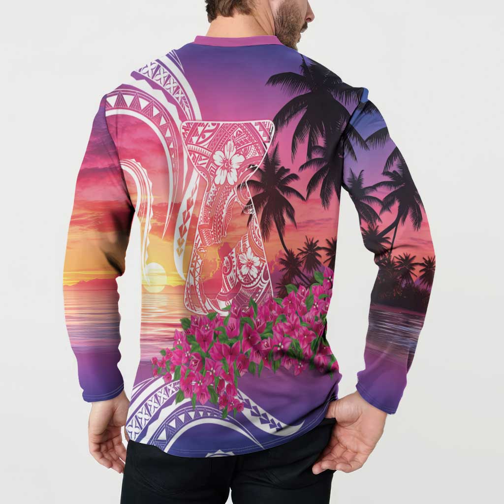 Guam Latte Stone with Map Button Sweatshirt Bougainvillea Beach Sunset LT9 - Polynesian Pride