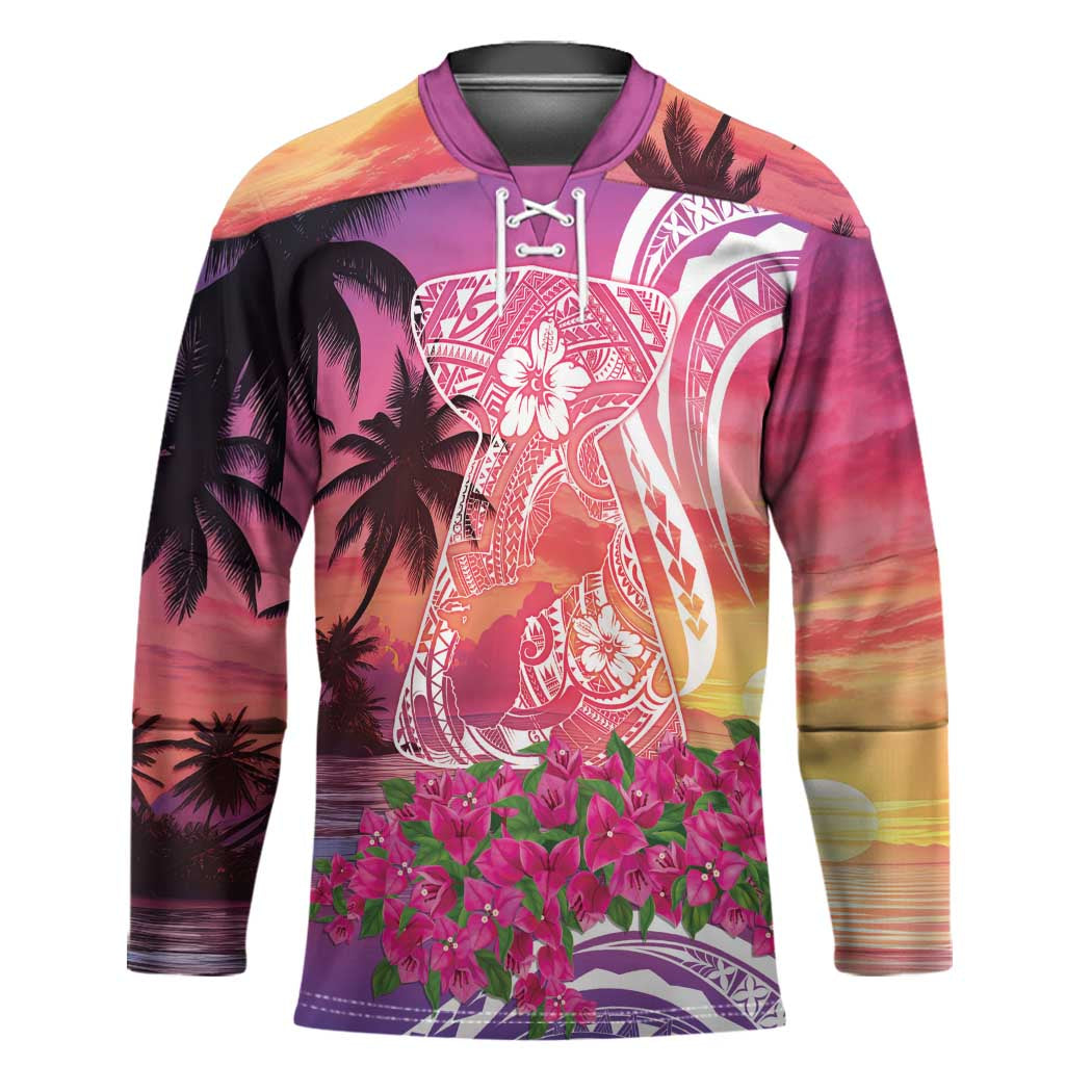 Guam Latte Stone with Map Hockey Jersey Bougainvillea Beach Sunset LT9 Unisex Sunset - Polynesian Pride