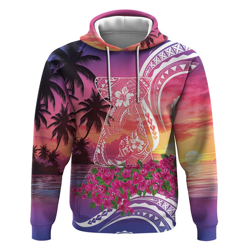 Guam Latte Stone with Map Hoodie Bougainvillea Beach Sunset LT9 Pullover Hoodie Sunset - Polynesian Pride