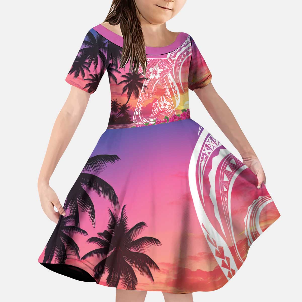 Guam Latte Stone with Map Kid Short Sleeve Dress Bougainvillea Beach Sunset LT9 KID Sunset - Polynesian Pride