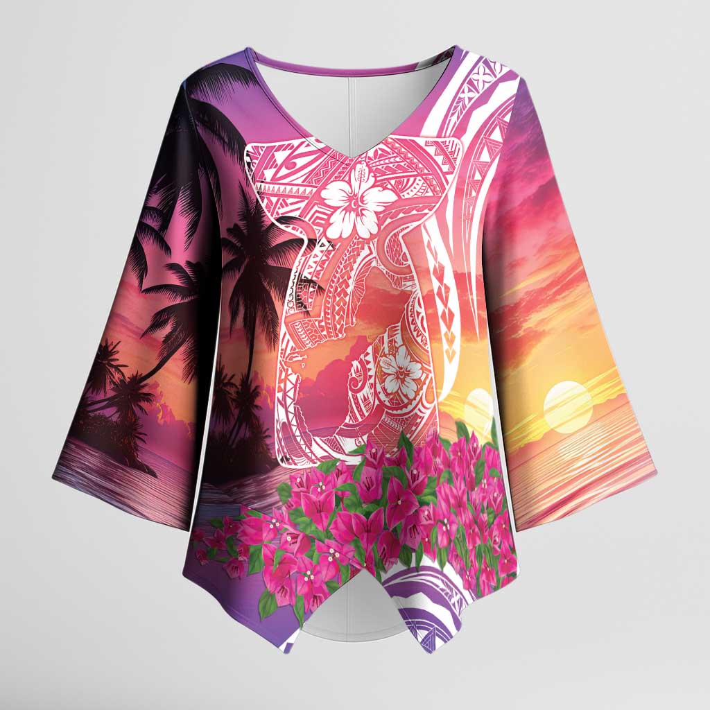 Guam Latte Stone with Map Kimono Sleeve Blouse Bougainvillea Beach Sunset LT9 Female Sunset - Polynesian Pride