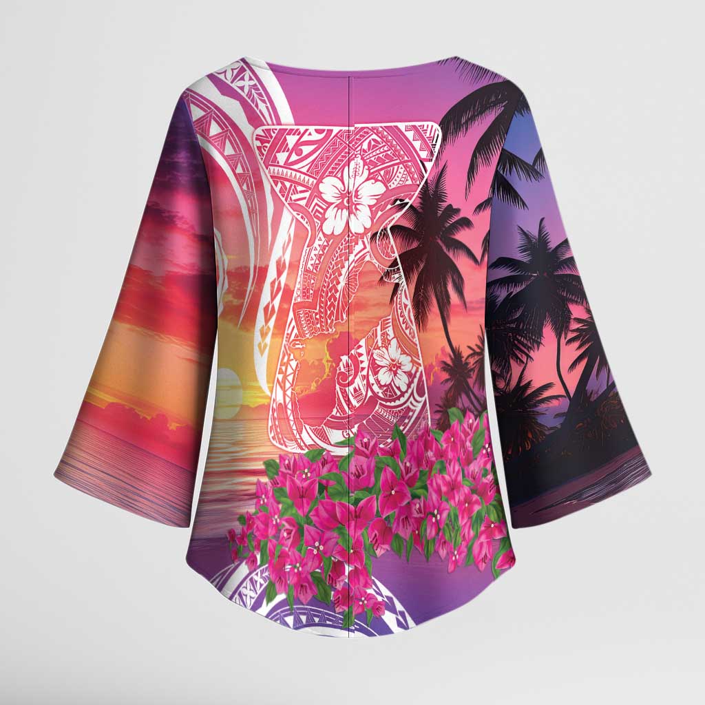 Guam Latte Stone with Map Kimono Sleeve Blouse Bougainvillea Beach Sunset LT9 - Polynesian Pride