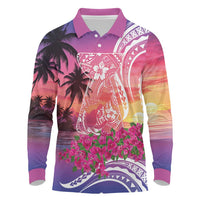 Guam Latte Stone with Map Long Sleeve Polo Shirt Bougainvillea Beach Sunset LT9 Sunset - Polynesian Pride